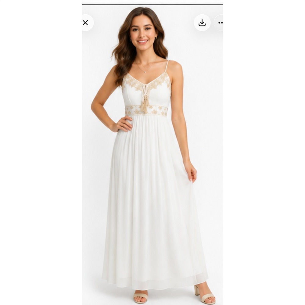 Japna White Maxi Dress with Gold Lace Trim